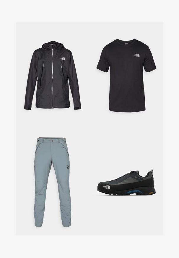 Zwarte waterdichte jas met een capuchon, voorzien van een rits aan de voorkant, twee ritszakken en een logo op de borst. Glad textuur, lichtgewicht ontwerp.; Zwarte T-shirt met korte mouwen van katoen, voorzien van een ronde halslijn en een klein wit logo op de bovenste linkerkant van de borst.; Mammut RUNBOLD PANTS MEN - Broek - blue/grey; The North Face VERTO ALPINE GORE TEX - Outdoorschoenen - asphalt grey/tnf black