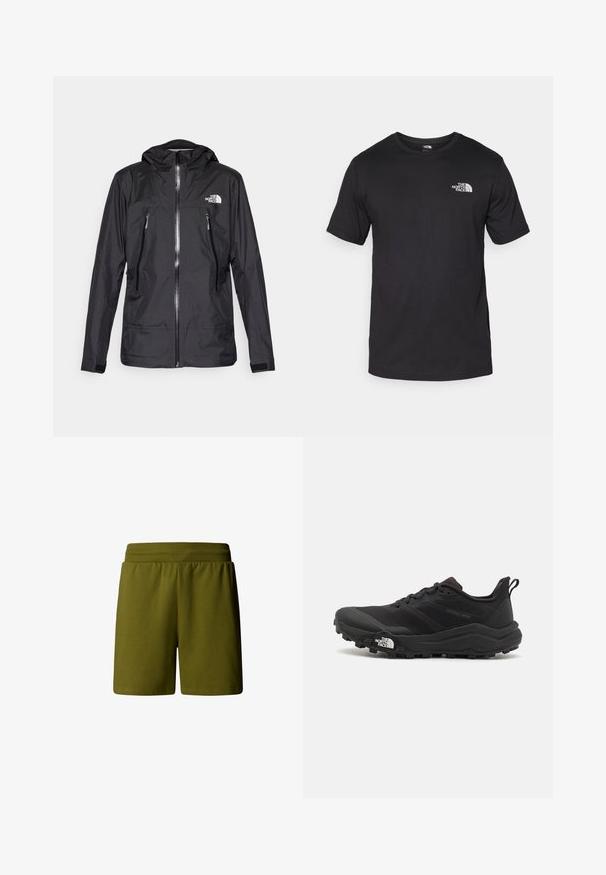 Schwarze wasserdichte Jacke mit Kapuze, ausgestattet mit einem Frontreißverschluss, zwei Reißverschlusstaschen und einem Logo auf der Brust. Glatte Textur, leichtes Design.; Schwarzes T-Shirt mit kurzen Ärmeln aus Baumwolle, mit einem runden Ausschnitt und einem kleinen weißen Logo auf der oberen linken Brust.; Olivengrüne, weiche Baumwollshorts mit einem elastischen Bund, die eine lässige Passform bieten und keine sichtbaren Taschen oder Verzierungen aufweisen.; Schwarzer Trailrunning-Schuh mit strukturiertem Obermaterial, Gummisohle und verstärkter Zehenkappe. Verfügt über einen gepolsterten Kragen und eine Ziehlasche für einfaches Anziehen.