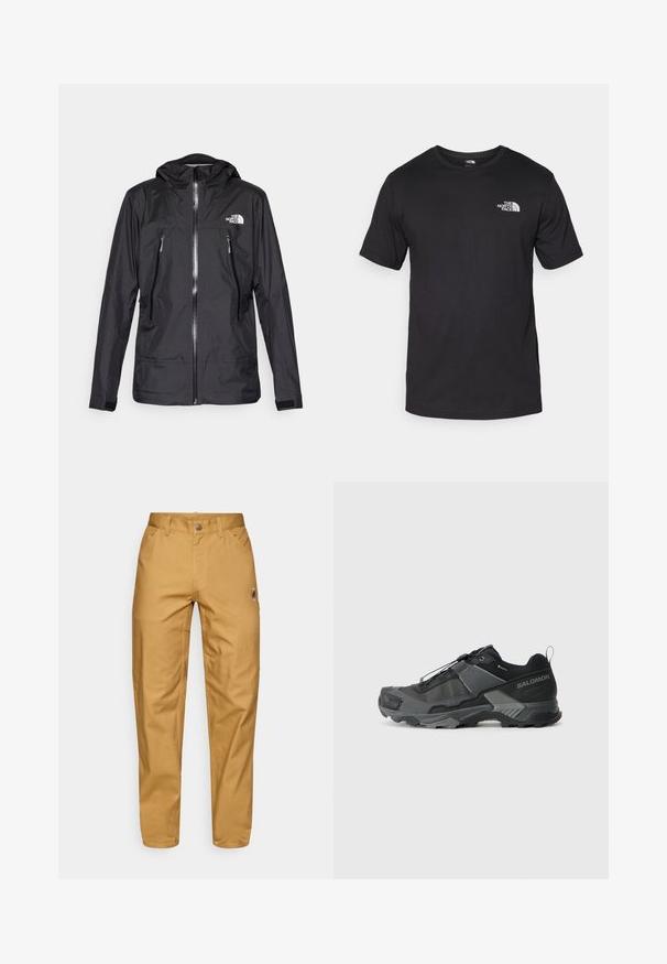 Svart vanntett jakke med hette, med en frontglidelås, to glidelåslommer, og en logo på brystet. Glatt tekstur, lett design.; Svart kortermet t-skjorte laget av bomull, med rund hals og en liten hvit logo på øvre venstre brystområde.; Menns brune arbeidbukser med frontlommer, beltehemper, knappelukking og en liten rund logo på høyre lår.; Svart terrengløpesko med et slitesterkt maskeoberoende, forsterket tåhette, teksturert gummisåle og elastisk lissystem for sikre tilpasning.