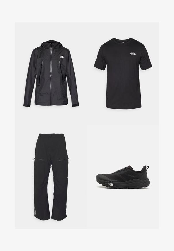 Svart vattentät jacka med huva, med en framzip, två fickor med dragkedja och en logotyp på bröstet. Slät textur, lätt design.; Svart t-shirt med kort ärm gjord av bomull, med rund halsringning och en liten vit logotyp på övre vänstra bröstområdet.; Oakley TNP LINED SHELL PANT 2.0 - Snowboardbyxor - blackout; Svart terränglöparsko med en strukturerad ovandel, gummisula och förstärkt tåhätta. Har en vadderad krage och en dragflik för enkel påtagning.