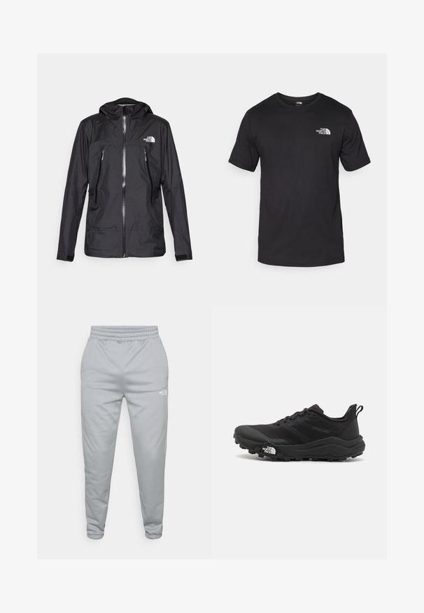 Casaco preto à prova d'água com capuz, apresentando um fecho frontal, dois bolsos com zíper e um logótipo no peito. Textura suave, design leve.; T-shirt preto de manga curta feito de algodão, com um decote redondo e um pequeno logótipo branco na parte superior esquerda do peito.; Calças jogger cinza claro com cintura elástica e tornozelos com punhos. Apresenta um pequeno logotipo branco na parte inferior. Material texturizado.; Sapatilha de trail running preta com um upper texturizado, sola de borracha e biqueira reforçada. Possui um colarinho acolchoado e uma alça para facilitar o calçar.