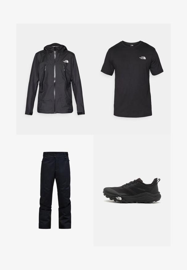 Juodas vandeniui atsparus džemperis su gobtuvu, pasižymintis priekiniais užtrauktukais, dviem užtrauktukais uždaromomis kišenėmis ir logotipu ant krūtinės. Lygus tekstūra, lengvas dizainas.; Juodas trumpas rankovės marškinėliai, pagaminti iš medvilnės, su apvaliu kaklu ir mažu baltu logotipu viršutiniame kairiajame krūtinės kampe.; Juodos vandeniui atsparios kelnės su tiesiu pjaustymu, dviem mygtukais užsegamos, su užtrauktukais kišenėmis ir reguliuojamu juosmeniu. Pagamintos iš lygaus, patvaraus audinio.; Juoda bėgimo batai su tekstūruotu paviršiumi, guma padais ir sustiprinta pirštų dalimi. Yra paminkštinta apykaklė ir kilpos, leidžiančios lengvai užsidėti.