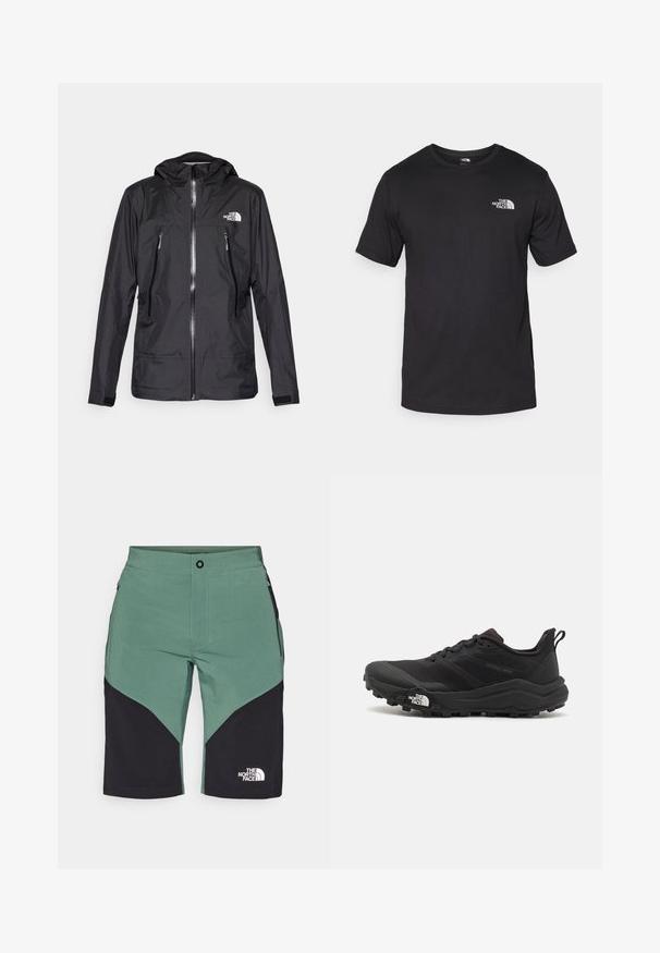 Svart vanntett jakke med hette, med en frontglidelås, to glidelåslommer, og en logo på brystet. Glatt tekstur, lett design.; Svart kortermet t-skjorte laget av bomull, med rund hals og en liten hvit logo på øvre venstre brystområde.; Grønne og sorte turshorts med geometrisk mønster, sikker midjebånd, sidelommer og en logo på den nederste delen av benet.; Svart terrengløpesko med teksturert overdel, gummisåle og forsterket tåhette. Har polstret krage og løftestropp for enkel påkledning.