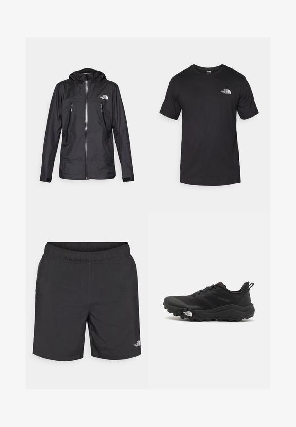 Svart vanntett jakke med hette, med en frontglidelås, to glidelåslommer, og en logo på brystet. Glatt tekstur, lett design.; Svart kortermet t-skjorte laget av bomull, med rund hals og en liten hvit logo på øvre venstre brystområde.; Svarte shorts med elastisk midje, lett stoff, sidelommer og en liten hvit logo nederst på høyre forkant.; Svart terrengløpesko med teksturert overdel, gummisåle og forsterket tåhette. Har polstret krage og løftestropp for enkel påkledning.
