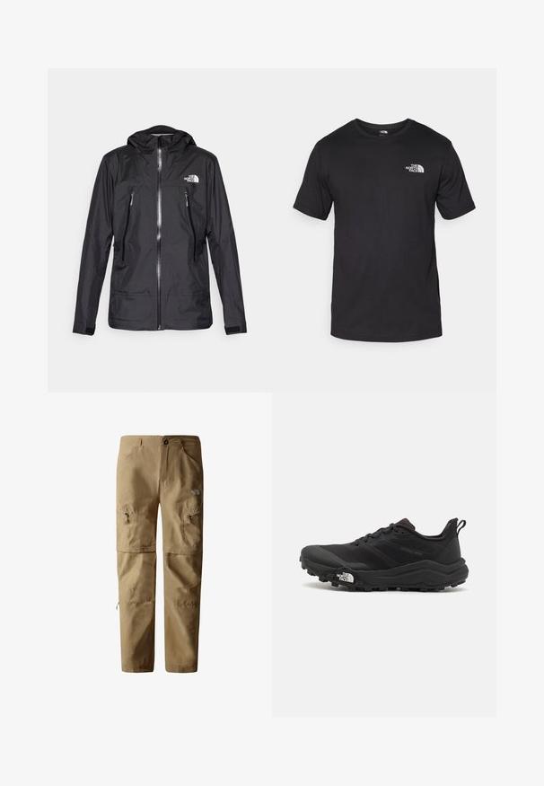 Black waterproof jacket with a hood, featuring a front zipper, two zippered pockets, and a logo on the chest. Smooth texture, lightweight design.; Black short-sleeve t-shirt made of cotton, featuring a round neckline and a small white logo on the upper left chest area.; The North Face EXPLORATION - Trousers - kelp tan npf; Black trail running shoe with a textured upper, rubber sole, and reinforced toe cap. Features a padded collar and pull tab for easy wear.
