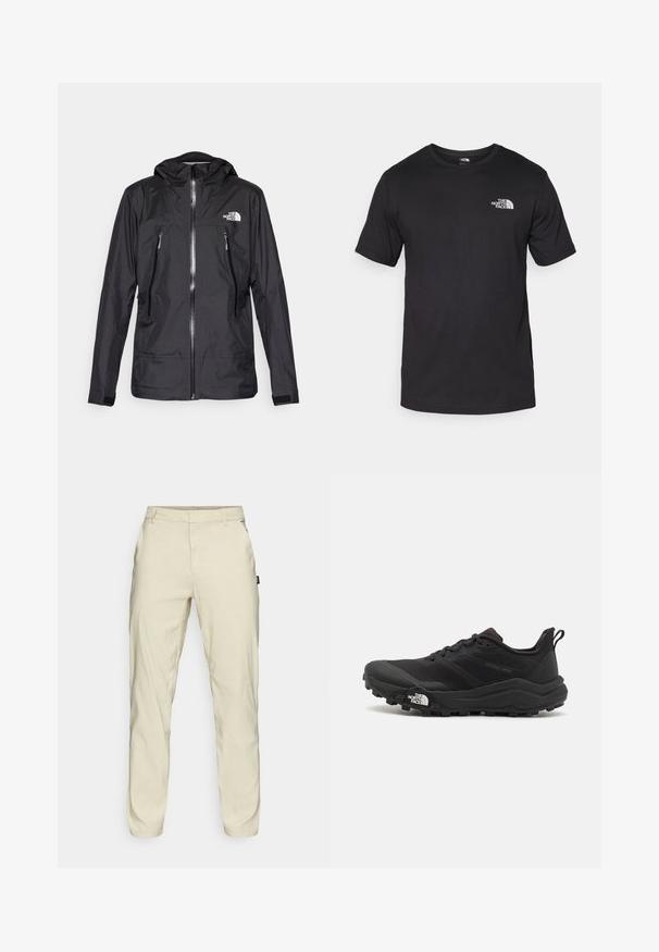 Black waterproof jacket with a hood, featuring a front zipper, two zippered pockets, and a logo on the chest. Smooth texture, lightweight design.; Black short-sleeve t-shirt made of cotton, featuring a round neckline and a small white logo on the upper left chest area.; Oakley TERRAIN PANT - Trousers - silver sage/white; Black trail running shoe with a textured upper, rubber sole, and reinforced toe cap. Features a padded collar and pull tab for easy wear.