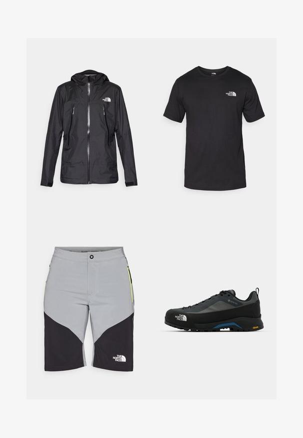 Svart vattentät jacka med huva, med en framzip, två fickor med dragkedja och en logotyp på bröstet. Slät textur, lätt design.; Svart t-shirt med kort ärm gjord av bomull, med rund halsringning och en liten vit logotyp på övre vänstra bröstområdet.; Herrshorts i grått med svarta accenter, med en böjd design, fickor på sidan med dragkedja och The North Face-logotypen på underbenet.; The North Face VERTO ALPINE GORE TEX - Hikingskor - asphalt grey/tnf black