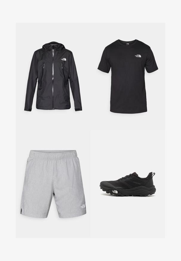Μαύρο αδιάβροχο μπουφάν με κουκούλα, διαθέτει μπροστινό φερμόρ και δύο τσέπες με φερμόρ, καθώς και λογότυπο στο στήθος. Λείος υφή, ελαφρύ σχέδιο.; Μαύρη κοντομάνικη μπλούζα φτιαγμένη από βαμβάκι, με στρογγυλή λαιμόκοψη και μικρό λευκό λογότυπο στην άνω αριστερή περιοχή του στήθους.; Ανοιχτό γκρι σορτς από υφασμένο ύφασμα, με ελαστική μέση, πλαϊνές τσέπες και λογότυπο στο κάτω δεξί μέρος του ποδιού.; Μαύρο αθλητικό παπούτσι τρεξίματος με υφασμάτινο άνω μέρος, καουτσούκ σόλα και ενισχυμένη μύτη. Διαθέτει επενδεδυμένο κολάρο και θηλιά στα πίσω για εύκολη φορεσιά.