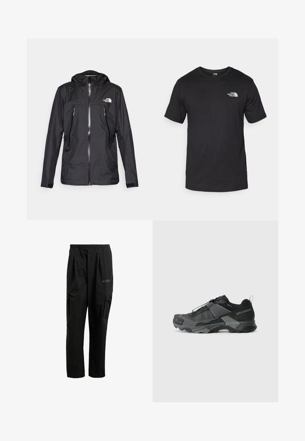 Veste noire imperméable avec une capuche, dotée d'une fermeture éclair à l'avant, de deux poches zippées et d'un logo sur la poitrine. Texture lisse, design léger.; T-shirt noir à manches courtes en coton, avec un col rond et un petit logo blanc sur le côté supérieur gauche de la poitrine.; Pantalon cargo noir en matériau léger, avec une taille élastique, des poches latérales et un logo discret sur la cuisse.; Chaussure de trail running noire avec une tige en mesh durable, une coque de protection renforcée à l'avant, une semelle en caoutchouc texturé et un système de laçage élastique pour un maintien sécurisé.