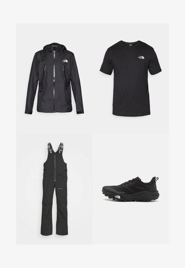 Black waterproof jacket with a hood, featuring a front zipper, two zippered pockets, and a logo on the chest. Smooth texture, lightweight design.; Black short-sleeve t-shirt made of cotton, featuring a round neckline and a small white logo on the upper left chest area.; Black waterproof bib overalls feature adjustable straps, a front zipper, and multiple pockets, with reinforced leg panels for durability.; Black trail running shoe with a textured upper, rubber sole, and reinforced toe cap. Features a padded collar and pull tab for easy wear.