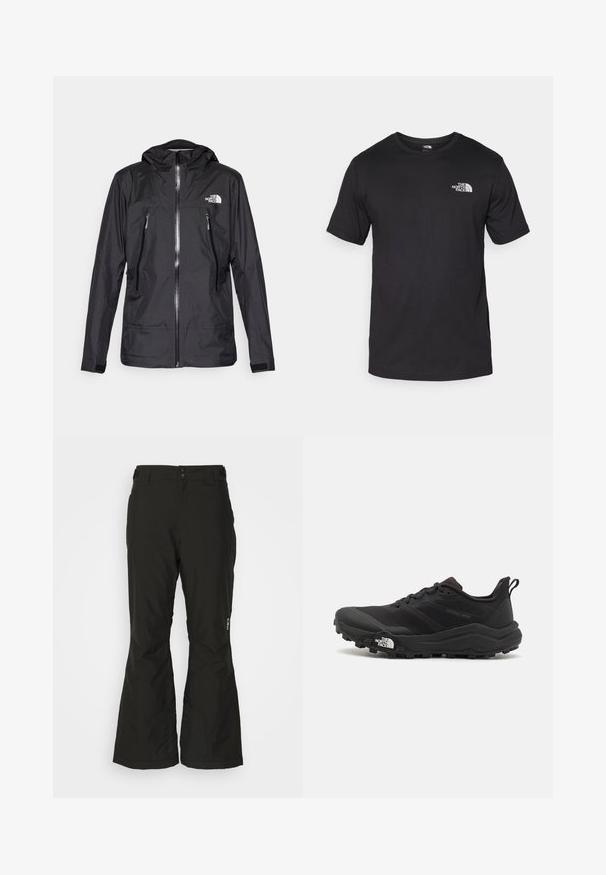 Schwarze wasserdichte Jacke mit Kapuze, ausgestattet mit einem Frontreißverschluss, zwei Reißverschlusstaschen und einem Logo auf der Brust. Glatte Textur, leichtes Design.; Schwarzes T-Shirt mit kurzen Ärmeln aus Baumwolle, mit einem runden Ausschnitt und einem kleinen weißen Logo auf der oberen linken Brust.; Schwarze, wasserdichte Skihosen mit geradem Bein-Design, zwei Seitentaschen und verstärkten unteren Säumen für Haltbarkeit. Enthält einen verstellbaren Bund.; Schwarzer Trailrunning-Schuh mit strukturiertem Obermaterial, Gummisohle und verstärkter Zehenkappe. Verfügt über einen gepolsterten Kragen und eine Ziehlasche für einfaches Anziehen.