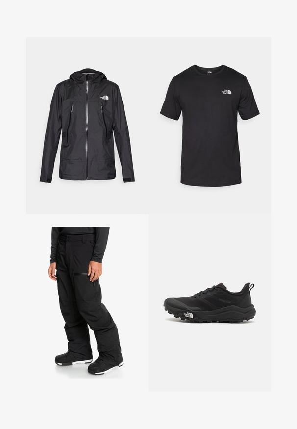 Black waterproof jacket with a hood, featuring a front zipper, two zippered pockets, and a logo on the chest. Smooth texture, lightweight design.; Black short-sleeve t-shirt made of cotton, featuring a round neckline and a small white logo on the upper left chest area.; Black snow pants with a loose fit, featuring zippered pockets, adjustable waist, and made of water-resistant material.; Black trail running shoe with a textured upper, rubber sole, and reinforced toe cap. Features a padded collar and pull tab for easy wear.