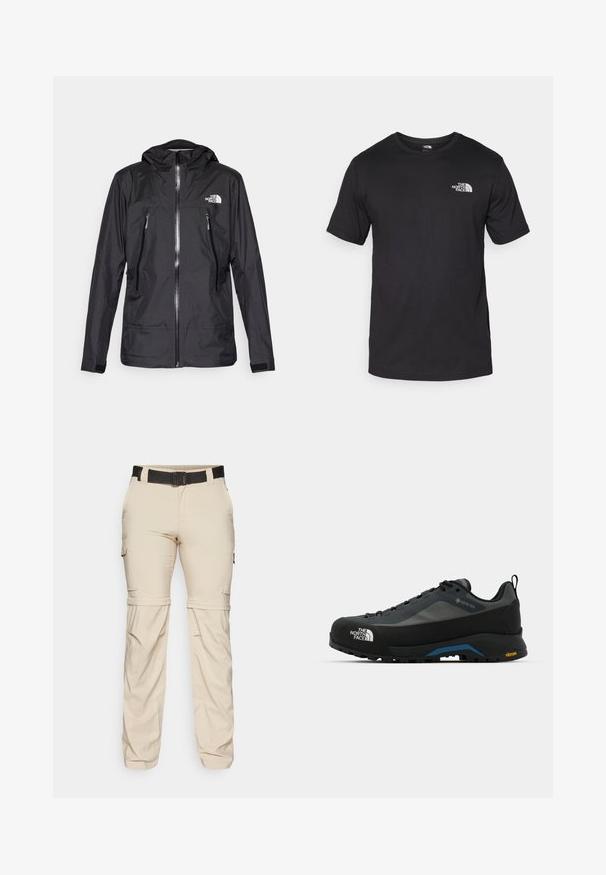 Chaqueta negra impermeable con capucha, que presenta un cierre frontal, dos bolsillos con cremallera y un logo en el pecho. Textura suave, diseño ligero.; Camiseta negra de manga corta, hecha de algodón, con un cuello redondo y un pequeño logo blanco en la parte superior izquierda del pecho.; Pantalones cargo ligeros de color beige, con un acabado desenfadado, un cinturón negro y bolsillos laterales para mayor utilidad. Textura suave y diseño a medida.; The North Face VERTO ALPINE GORE TEX - Zapatillas de senderismo - asphalt grey/tnf black