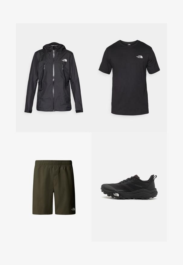 Svart vattentät jacka med huva, med en framzip, två fickor med dragkedja och en logotyp på bröstet. Slät textur, lätt design.; Svart t-shirt med kort ärm gjord av bomull, med rund halsringning och en liten vit logotyp på övre vänstra bröstområdet.; Olivgröna cargoshorts med elastisk midja och dragsko, med en liten logotyp på nedre högra sidan. Slätt, lätt tyg.; Svart terränglöparsko med en strukturerad ovandel, gummisula och förstärkt tåhätta. Har en vadderad krage och en dragflik för enkel påtagning.