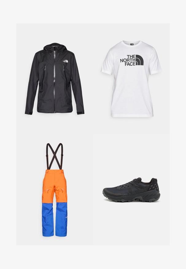 Svart vattentät jacka med huva, med en framzip, två fickor med dragkedja och en logotyp på bröstet. Slät textur, lätt design.; Vitt bomullströja med svart grafisk tryck som har text och en rundad logotypdesign. Rund halsringning och korta ärmar. Enslig textur.; Apelsin- och blå vattentäta byxor med svarta justerbara hängslen, framfickor med dragkedja och förstärkta knän för utomhusaktiviteter.; Svarta terränglöparskor med ett texturerat mesh-överdela och gummisula; funktioner inkluderar snörning, en vadderad krage och logodetaljer.
