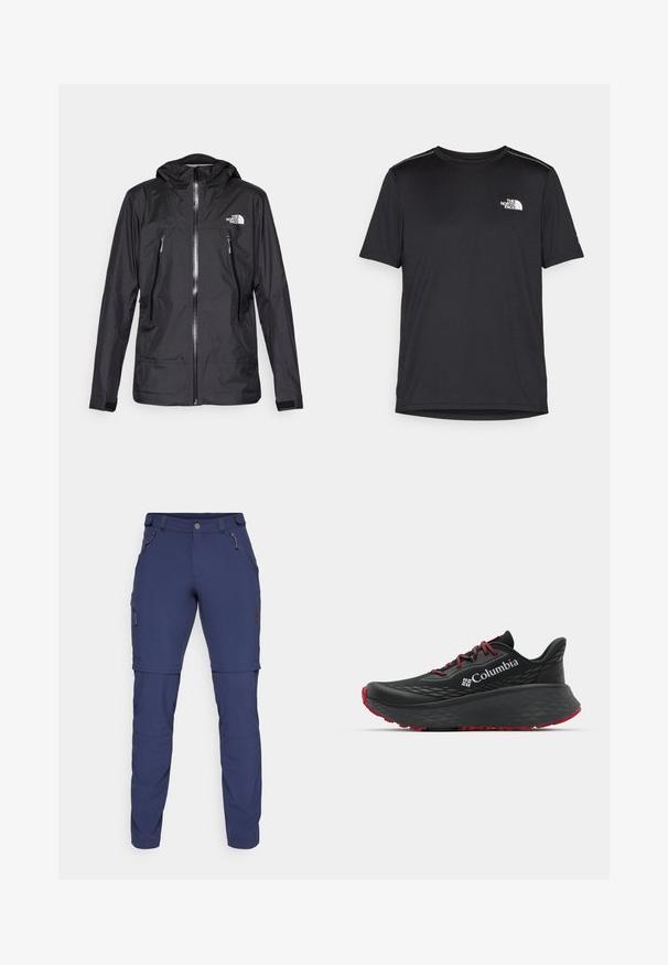 Juodas vandeniui atsparus džemperis su gobtuvu, pasižymintis priekiniais užtrauktukais, dviem užtrauktukais uždaromomis kišenėmis ir logotipu ant krūtinės. Lygus tekstūra, lengvas dizainas.; Juodas trumpas rankovės marškinėliai, pagaminti iš lengvos medžiagos. Yra mažas baltas logotipas kairiajame krūtinės pusėje ir subtilūs pečių akcentai.; Jūrų laivyno lauko kelnės, pagamintos iš elastingos medžiagos, su užtrauktukais užsegamomis kišenėmis, reguliuojamais rankogaliais ir šonine cargo kišene.; Juodas sportinis batelis su tekstūruota viršutine dalimi, raudonais raišteliais ir logotipu. Storas padas su raštuotu protektoriu traukai. Minimalistinis dizainas, šoninis vaizdas.