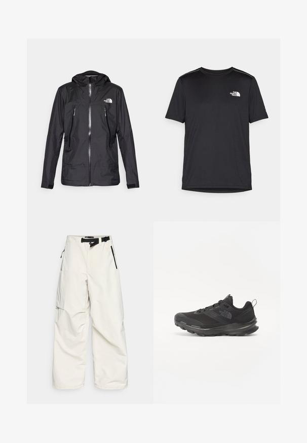 Black waterproof jacket with a hood, featuring a front zipper, two zippered pockets, and a logo on the chest. Smooth texture, lightweight design.; Black short-sleeve T-shirt made from lightweight fabric. Features a small white logo on the left chest and subtle shoulder accents.; White cargo pants made of water-resistant fabric, featuring a waist belt, side pockets with zippers, and a loose, wide-leg design.; Black athletic shoe with mesh upper, rubber outsole, and padded collar. Features laces, logo on the side, and a textured design.