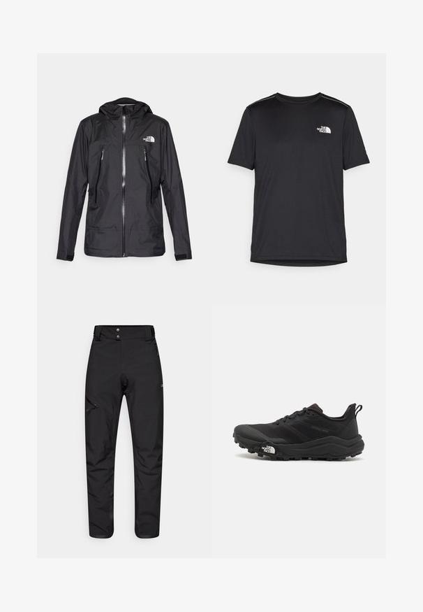 Svart vanntett jakke med hette, med en frontglidelås, to glidelåslommer, og en logo på brystet. Glatt tekstur, lett design.; Svart kortermet T-skjorte laget av lett materiale. Har en liten hvit logo på venstre bryst og subtile skulderdetaljer.; Svart utendørsbukser laget av et slitesterkt, lett materiale. Har en glidelåslomme på venstre lår og en to-knappslinning.; Svart terrengløpesko med teksturert overdel, gummisåle og forsterket tåhette. Har polstret krage og løftestropp for enkel påkledning.