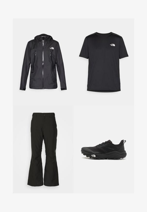 Černá voděodolná bunda s kapucí, která má přední zip, dvě zipové kapsy a logo na hrudi. Hladký povrch, lehký design.; Černé tričko s krátkým rukávem vyrobené z lehkého materiálu. Má malé bílé logo na levé části hrudi a decentní akcenty na ramenech.; Černé, voděodolné lyžařské kalhoty s rovnými nohavicemi, dvěma bočními kapsami a zesílenými spodními lemy pro větší odolnost. Obsahuje nastavitelné pásky.; Černé trailové běžecké boty s texturovaným svrškem, gumovou podrážkou a vyztuženou špičkou. Obsahují polstrovaný límec a poutko pro snadné obouvání.