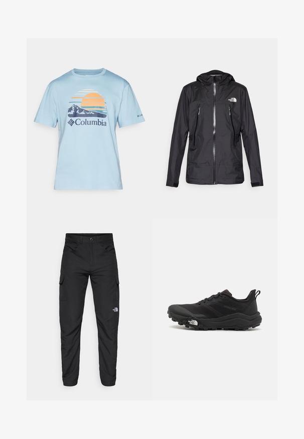 Svart vanntett jakke med hette, med en frontglidelås, to glidelåslommer, og en logo på brystet. Glatt tekstur, lett design.; Lyseblå t-skjorte med kort erm som har et grafisk motiv med solnedgang, fjell, og Columbia-logoen i marineblått nederst.; The North Face HORIZON PANT - Friluftsbukser - black; Svart terrengløpesko med teksturert overdel, gummisåle og forsterket tåhette. Har polstret krage og løftestropp for enkel påkledning.