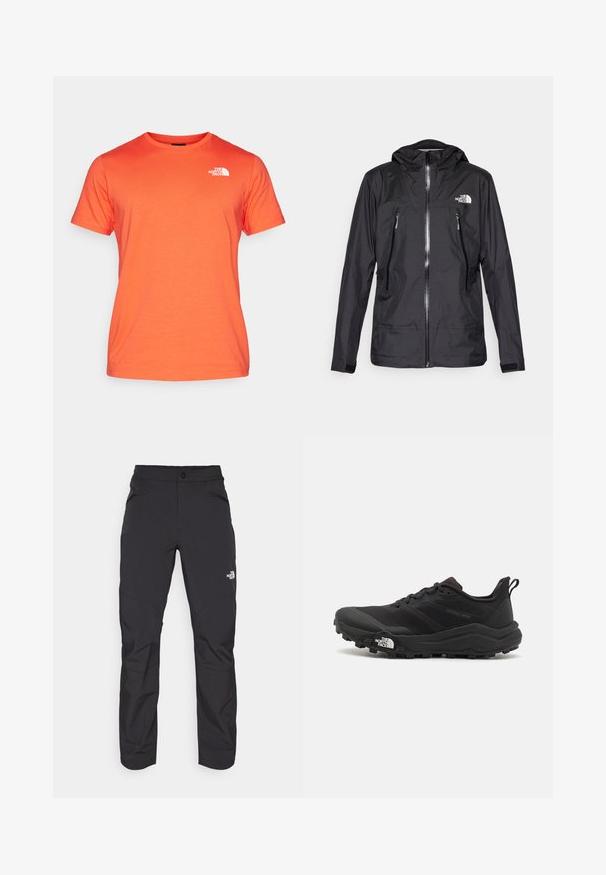 Juodas vandeniui atsparus džemperis su gobtuvu, pasižymintis priekiniais užtrauktukais, dviem užtrauktukais uždaromomis kišenėmis ir logotipu ant krūtinės. Lygus tekstūra, lengvas dizainas.; The North Face M SS BOX NSE TEE - Marškinėliai su spaudiniu - crimson orange/black; Juodi lauko kelnės su užtrauktuku priekyje, pagamintos iš sintetinės medžiagos, siaurėjančiomis kojomis ir sustiprintomis kelių dalimis. Savybė - mygtuko užsegimas.; Juoda bėgimo batai su tekstūruotu paviršiumi, guma padais ir sustiprinta pirštų dalimi. Yra paminkštinta apykaklė ir kilpos, leidžiančios lengvai užsidėti.