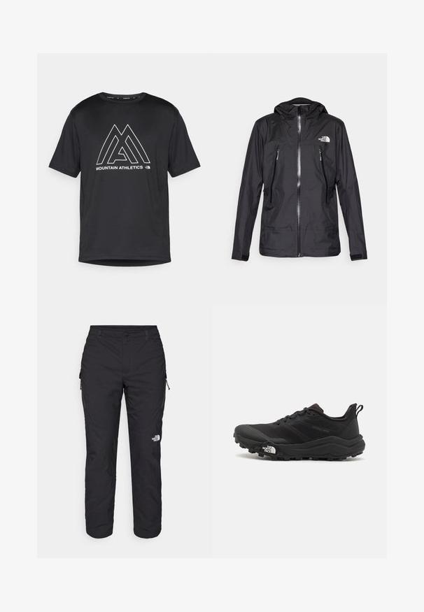 Melnā ūdensizturīgā jaka ar kapuci, ar priekšējo rāvējslēdzēju, divām rāvējslēdzēju kabatām un logo uz krūškurvja. Gluda tekstūra, viegls dizains.; Melnā īsām piedurknēm T-kreklā, izgatavotā no sintētiskā materiāla, priekšpusē ir balts ģeometrisks logo un teksts "MOUNTAIN ATHLETICS".; The North Face WINTER EXPLORATION TAPERED CARGO - Āra bikses - black; Melnas taku skriešanas kurpes ar teksturētu virsu, gumijas zoli un pastiprinātu pirkstu daļu. Aprīkotas ar mīkstu apkakli un vilkšanas cilpu, lai viegli uzvilktu.