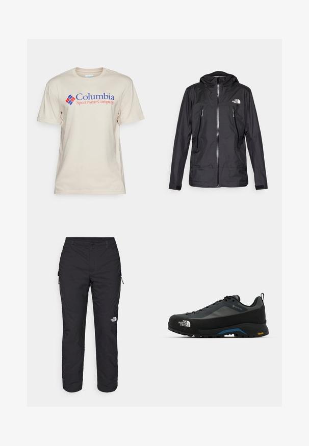 Melnā ūdensizturīgā jaka ar kapuci, ar priekšējo rāvējslēdzēju, divām rāvējslēdzēju kabatām un logo uz krūškurvja. Gluda tekstūra, viegls dizains.; Columbia BASIC LOGO™ SHORT SLEEVE - Apdrukāts T-krekls - dark stone; The North Face WINTER EXPLORATION TAPERED CARGO - Āra bikses - black; The North Face VERTO ALPINE GORE TEX - Pārgājienu apavi - asphalt grey/tnf black
