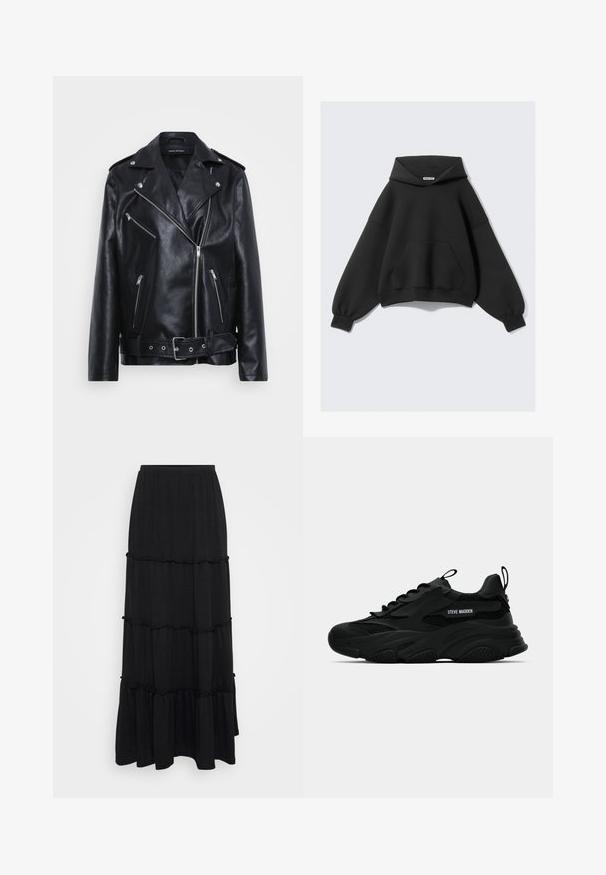 Fekete bőr motoros dzseki, amelynek fazonja galléros, aszimmetrikus cipzárral, több cipzáras zsebbel és övvel ellátott derékrésszel rendelkezik.; Fekete, oversized kapucnis pulóver, puha anyagból készült, nagy elülső zsebbel, hosszú, ballon ujjakkal és állítható kapucnival.; Fekete maxi szoknya, könnyű anyagból, három réteggel és fodros széllel, kényelmes, gumis derékkal.; Fekete Steve Madden chunky sneaker hálós panelekével, vastag talpával, füllel a nyelvén és a sarkán, oldalán logóbetűzéssel, profilból bemutatva.