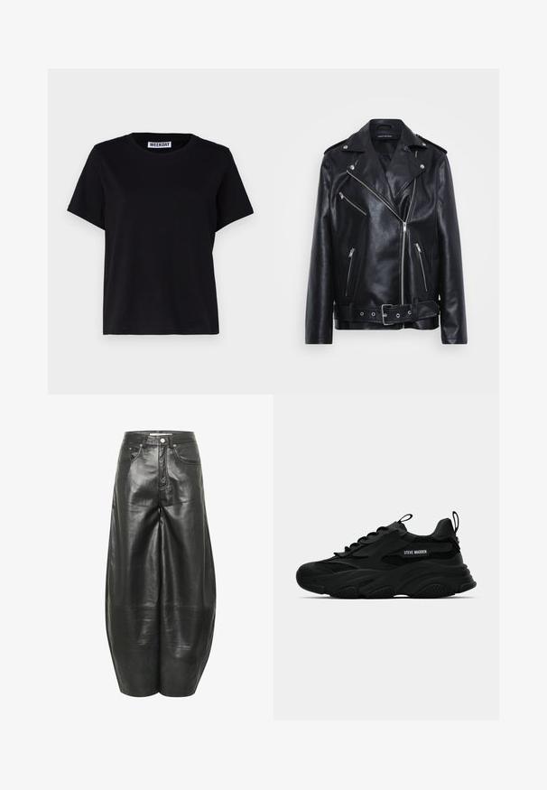 Čierna kožená motocyklová bunda s výstrihom, asymetrickým zipsom, množstvom vreciek na zips a opaskom v páse.; Čierne tričko s krátkym rukávom vyrobené z bavlny. Má okrúhly výstrih a voľný strih. Na golieri je štítok s nápisom „WEEKDAY“. ; Čierne kožené nohavice s širokými nohavicami a hladkým povrchom, predné vrecká a vysoký pás. Obsahujú viditeľné steh a zapínanie na gombík.; Čierne chunky tenisky Steve Madden s mriežkovými panelmi, hrubou podrážkou, pútkami na jazyku a päte, bočné logo písma, zobrazené v profile.