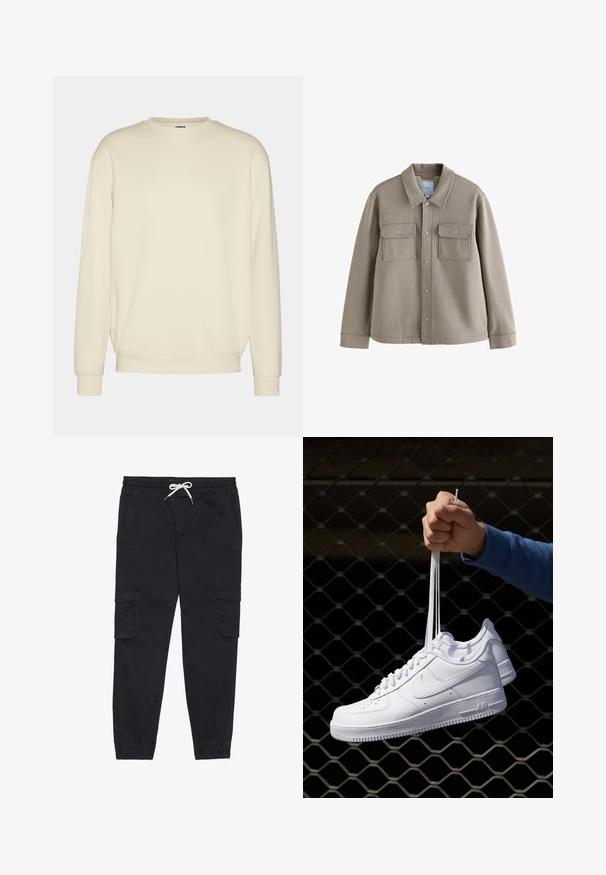 Brauns teksturēts žakets ar apkakles izgriezumu, priekšējo pogu aizdari un divām krūšu kabatām. Izgatavots no auduma ar izteiktām stitch detaļām.; Krēmbalti treneri, izgatavots no mīksta auduma, ar ribotu apkakli, nolaižamām plecu daļām un ribotām aprocēm. Vienkāršs, neizrotāts dizains.; Balta īsām piedurknēm T-kreklā, izgatavota no kokvilnas, ar apaļu kakla izgriezumu un gludu tekstūru, paredzēta ikdienas valkāšanai.; Melnas kokvilnas kravas bikses ar elastīgu jostu un auklu, sānu kabatām un papildus sašaurinātiem piedurknēm.; Baltas ādas sporta apavi ar perforācijām, apaļu purngali, plakanu zoli un biezām šņorēm, ar redzamu swoosh logo un vārdu "AIR" uz papēža.