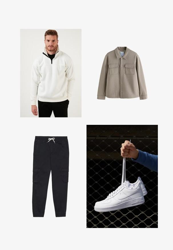 Brun tekstureret jakke med krave, frontknaplukning og to brystlommer. Lavet af vævet stof med markante syninger.; Hvid pullover lavet af blødt stof, med en halvdels lynlås krave med sorte detaljer. Designet inkluderer ribbede manchetter og en afslappet pasform.; Hvid kortærmet t-shirt, lavet af bomuld, med en klassisk rund hals og en glat tekstur, designet til afslappet brug.; Sorte cargobukser lavet af bomuld, med en elastisk talje med snøre, sidelommer og tætsiddende ankler.; Hvide lædersneakers med perforeringer, rund tå, flad sål og tykke snørebånd, med et synligt swoosh-logo og "AIR" på hælen.
