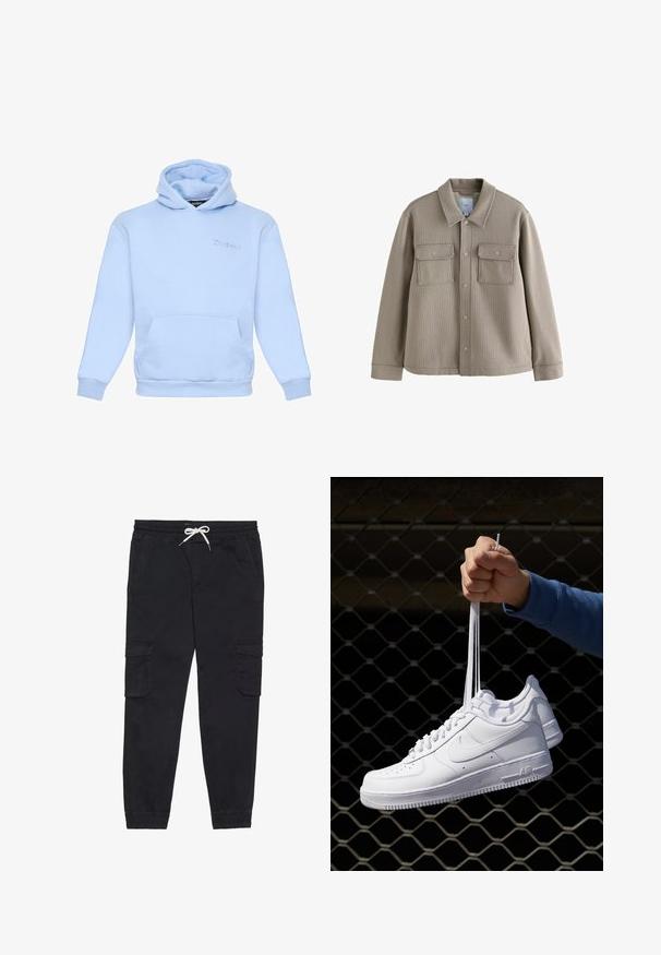 Brauns teksturēts žakets ar apkakles izgriezumu, priekšējo pogu aizdari un divām krūšu kabatām. Izgatavots no auduma ar izteiktām stitch detaļām.; Gaiši zils kapuci džemperis, izgatavots no mīkstas auduma, ar priekšējo kabatu, elastīgām aprocēm un izšūtu logotipu krūtīs.; Balta īsām piedurknēm T-kreklā, izgatavota no kokvilnas, ar apaļu kakla izgriezumu un gludu tekstūru, paredzēta ikdienas valkāšanai.; Melnas kokvilnas kravas bikses ar elastīgu jostu un auklu, sānu kabatām un papildus sašaurinātiem piedurknēm.; Baltas ādas sporta apavi ar perforācijām, apaļu purngali, plakanu zoli un biezām šņorēm, ar redzamu swoosh logo un vārdu "AIR" uz papēža.