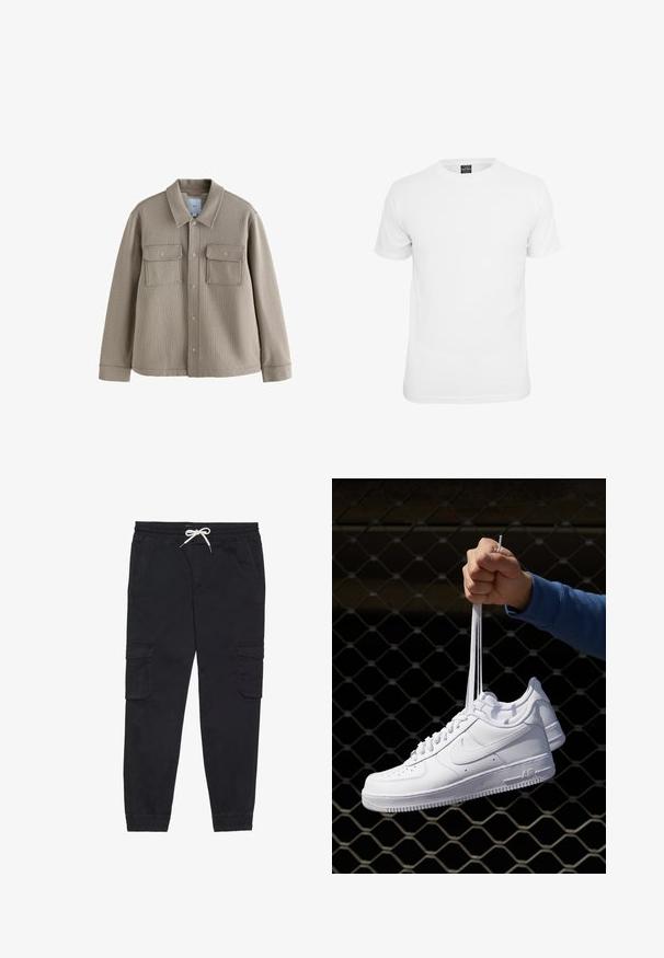Šviesiai rudas tekstūruotas švarkas su apykaklės iškirpte, priekiniais mygtukais ir dviem krūtinės kišenėmis. Pagamintas iš audinio su akcentuotais siuvimo detalėmis.; Balta trumpų rankovių marškinėlių, pagamintų iš medvilnės, su apvaliu kaklu ir lygiu paviršiumi, sukurtų kasdieniam dėvėjimui.; Juodi šortai, pagaminti iš medvilnės, su elastingu juosmeniu ir virvute, šoninėmis kišenėmis ir siaurėjančiomis rankovėmis.; Balti odiniai sportiniai bateliai su perforacijomis, apvalia nosimi, plokščiu padu ir storomis raištelėmis, su matomu swoosh logotipu ir "AIR" ant kulno.