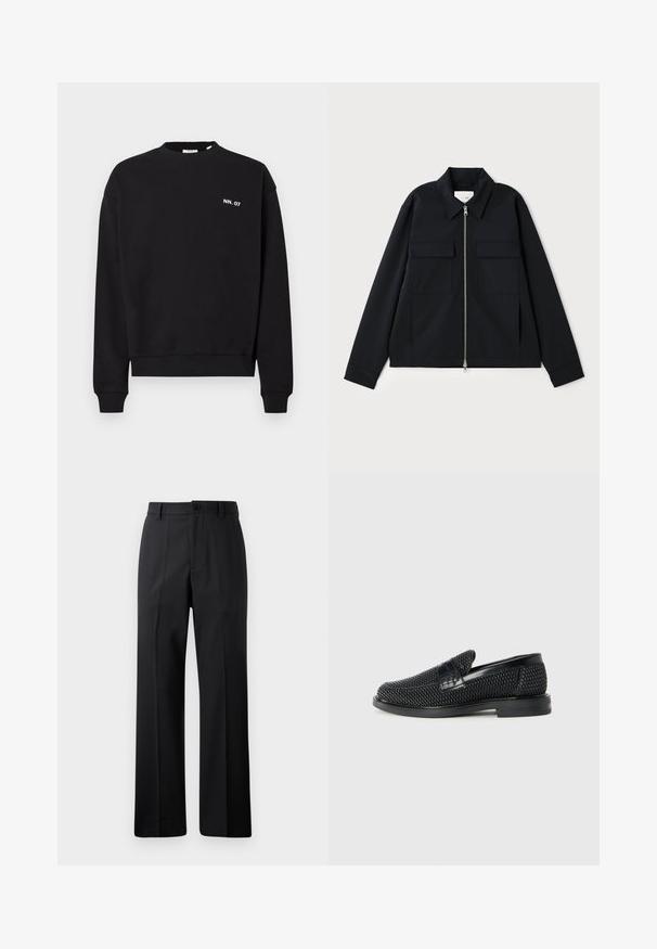 Čierna bunda s golierovým výstrihom, predným zipsom a dvoma náprsními vreckami. Vyrobená z hladkej tkaniny so štruktúrovaným strihom.; Čierna mikina vyrobená z bavlny, s okrúhlym výstrihom a dlhými rukávmi. Obsahuje malé biele logo na ľavej strane hrude.; Čierne nohavice s rovnými nohavicami a poutkami na opasok, s predným gombíkom a zipsovým uzáverom, vystavené na čistom bielom pozadí.; Čierne tkané slip-on topánky s hladkým koženým akcentom na vrchnej časti, s okrúlym dizajnom špičky a nízkoprofilovou gumovou podrážkou.