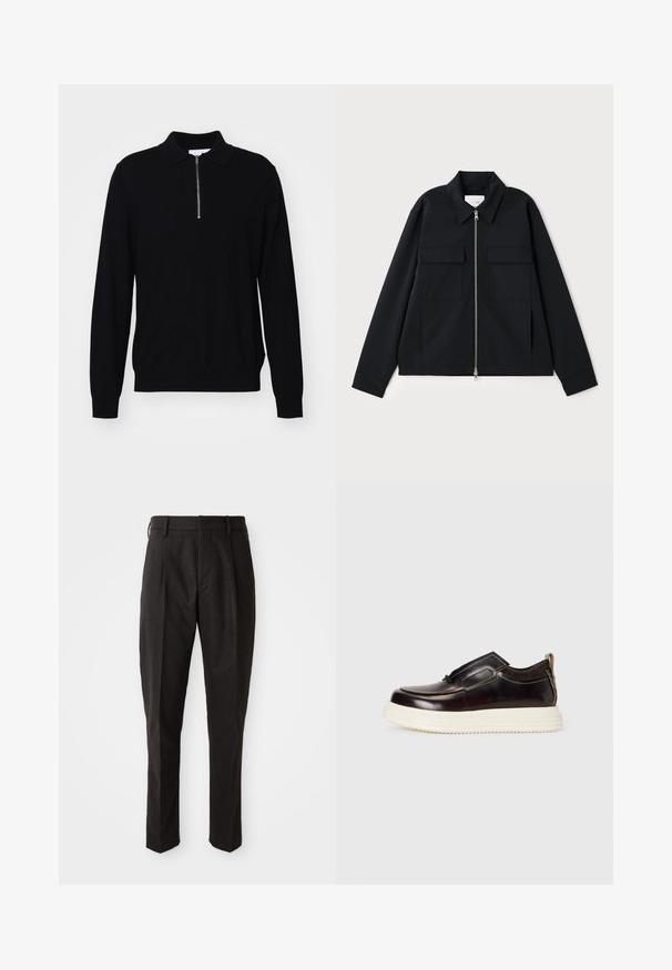 Fekete dzseki, galléros nyakkivágással, elülső cipzárral és két mellzsebbel. Simább anyagból készült, strukturált fazonnal.; Fekete, hosszúujjú pulóver, cipzáras gallérral, kötött anyagból készült. Illeszkedő fazonú, bordázott mandzsettákkal és heméllyel rendelkezik.; Fekete gyapjú keverék nadrág, egyenes szabással, lapos elejű, két oldalsó zsebbel és sima textúrával.; Barna bőr slip-on cipő, lekerekített orral, kontrasztos fehér platformtalppal és minimális varrás részletekkel a széleken.