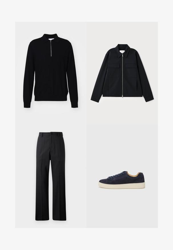 Jachetă neagră cu guler, închidere cu fermoar frontal și două buzunare pe piept. Fabricată dintr-un material neted cu o croială bine definită.; Pulover negru cu mânecă lungă, cu guler cu fermoar, din țesătură tricotată. Are un design ajustat și mansete și tiv ribbate.; Pantaloni negri cu picioare drepte, cu bucle pentru curea, nasture frontal și închidere cu fermoar, expuși pe un fundal alb simplu.; Tenis navy din suede, cu vârful rotund, talpă din cauciuc off-white și șireturi asortate; are o căptușeală interioară contrastantă în nuanță de tan.