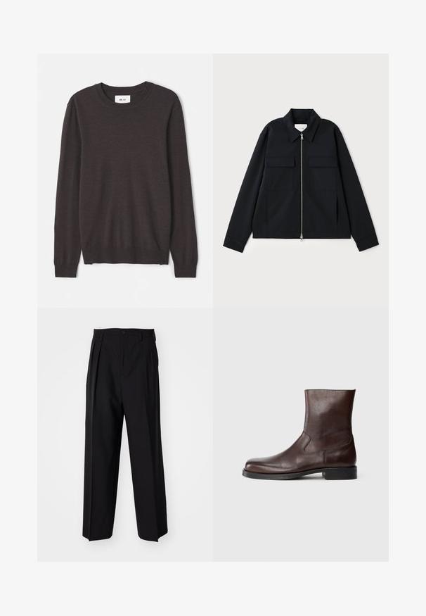 Jachetă neagră cu guler, închidere cu fermoar frontal și două buzunare pe piept. Fabricată dintr-un material neted cu o croială bine definită.; Pulover tricotat de culoare maro închis, cu decolteu rotund, mâneci lungi, manșete și tiv cu model texturat, textură netedă și etichetă de branding minimă.; Pantaloni negri plisat cu un design drept și pantaloni largi. Construiți dintr-un material neted, prevăzuți cu închidere cu nasture și bucle pentru curea.; Botine din piele maro, cu o textură netedă, vârf rotunjit, cusături minime și o talpă plată din cauciuc negru.