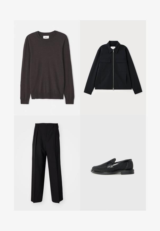 Čierna bunda s golierovým výstrihom, predným zipsom a dvoma náprsními vreckami. Vyrobená z hladkej tkaniny so štruktúrovaným strihom.; Tmavo hnedý pletený sveter s okrúhlym výstrihom, dlhými rukávmi, rebrovanými manžetami a obtiahnutým lemom, hladkou textúrou a minimálnou značkovacou etikettou.; Čierne skladané nohavice s rovnom, širokým strihom. Vyrobené z hladkého materiálu, s gombíkovým zapínaním a pútkami na opasok.; Čierne tkané slip-on topánky s hladkým koženým akcentom na vrchnej časti, s okrúlym dizajnom špičky a nízkoprofilovou gumovou podrážkou.