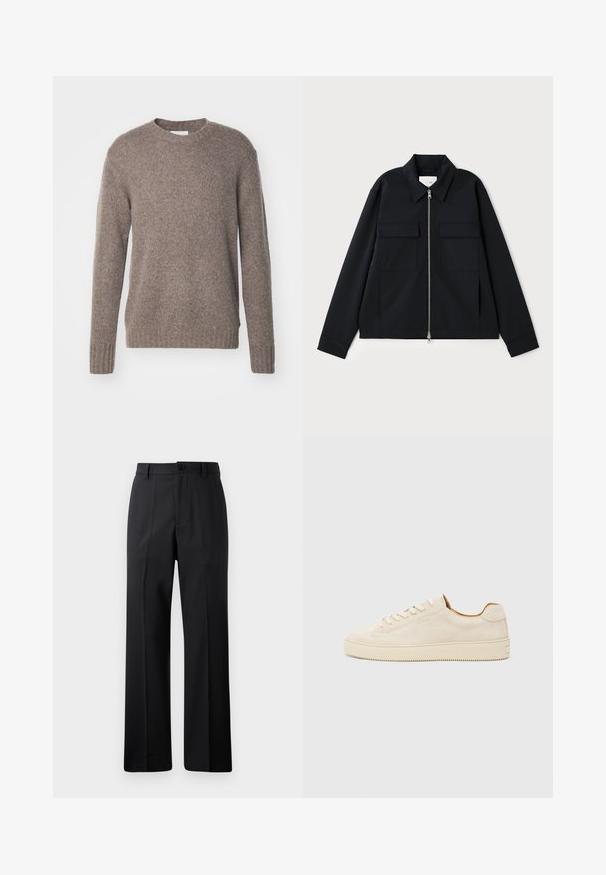 Juodas švarkas su apykakle, priekyje užtrauktuku ir dviem krūtinės kišenėmis. Pagamintas iš lygaus audinio su struktūruota forma.; Rudas, megztas megztinis su apvaliu iškirpimu, ilgomis rankovėmis ir rūkomis rankogaliais bei apačia, turintis minkštą, tekstūruotą paviršių.; Juodos tiesios kojos kelnes su diržo kilpomis, priekyje mygtukas ir užtrauktukas, pateiktos prieš paprastą baltą foną.; Šviesiai rudos zomšinės sportbačiai su žemu profiliu, apvaliu pirštu, plokščiomis raišteliais ir tekstūruota guma. Minimalistinis stilius be matomų logotipų.