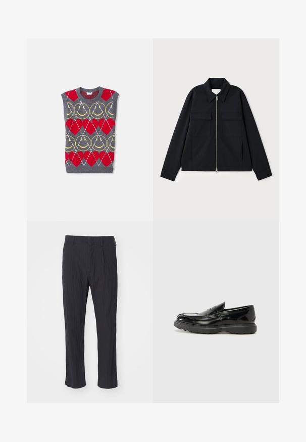 Schwarze Jacke mit einem kragenförmigen Ausschnitt, einem Front-Reißverschluss und zwei Brusttaschen. Hergestellt aus einem glatten Stoff mit einer strukturierten Passform.; Ärmellose graue Strickweste mit roten Herzen, gelben Ketten und weißen diagonalen Linien in einem sich wiederholenden Muster, beschriftet mit Moschino.; Schwarze plissee Hosen aus strukturiertem Stoff, mit geradem Bein und normalem Bund. Keine sichtbaren Taschen oder Beschläge.; Schwarze Lederloafer mit glanzendem Finish, abgerundetem Zehenbereich, subtilen Steppnähten und einer dicken Gummisohle für Langlebigkeit.