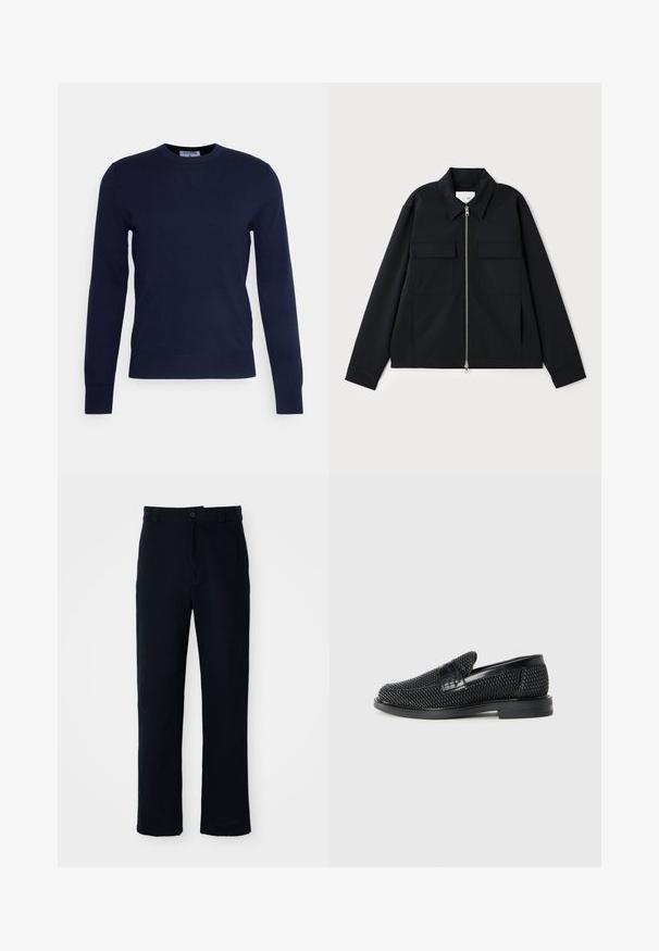 Melna jaka ar apkakles izgriezumu, priekšpuses rāvējslēdzēja aizdari un divām krūšu kabatām. Izgatavota no gludas auduma ar strukturētu piegriezumu.; Tumši zils kreklveida džemperis, izgatavots no mīksta auduma, ar garām piedurknēm un ribotu apakšmalu. Nav redzamu rakstu vai rotājumu.; Kokvilnas tumši zilas bikses ar taisnu kāju dizainu, priekšējo pogu aizdari un klasisku jostasvietu ar jostas cilpiņām.; Melnas austas slaidu kurpes ar gludu ādas akcentu augšpusē, apaļas formas purngalu un zemas profila gumijas zoli.