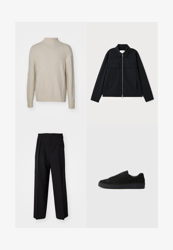 Melna jaka ar apkakles izgriezumu, priekšpuses rāvējslēdzēja aizdari un divām krūšu kabatām. Izgatavota no gludas auduma ar strukturētu piegriezumu.; NN.07 CLARK - Džemperis - ecru; Melnas plisētās bikses ar taisnu, plata kāja dizainu. Izgatavotas no gludas auduma, ar pogu aizdari un jostas cilpiņām.; Melna zamšāda sporta apavi ar plakanu, strukturētu zoli, noapaļotu purngalu, sešām acīm šņorēm un minimālistisku dizainu.