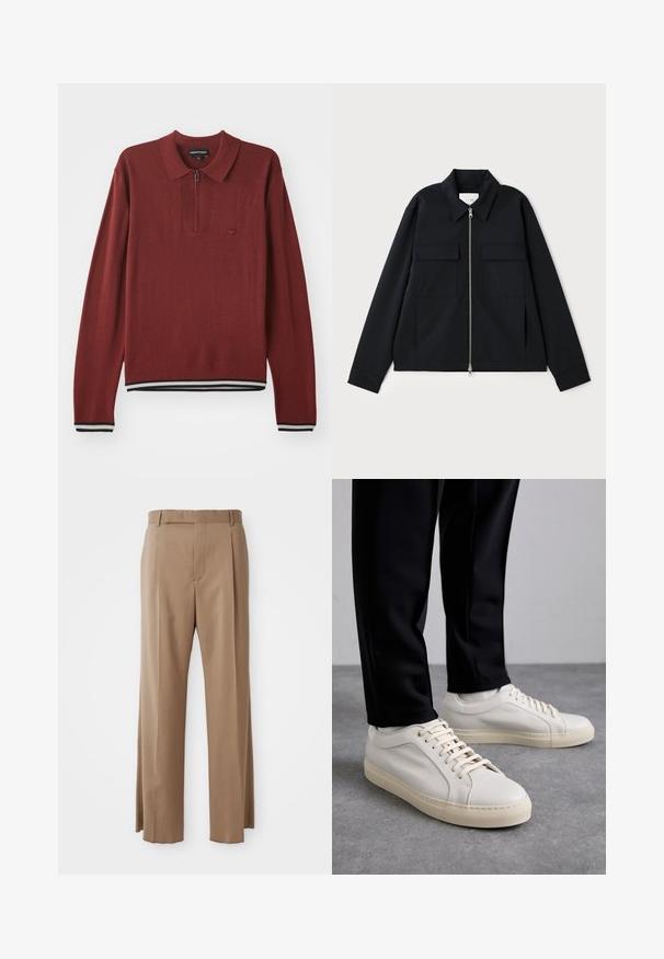 Melna jaka ar apkakles izgriezumu, priekšpuses rāvējslēdzēja aizdari un divām krūšu kabatām. Izgatavota no gludas auduma ar strukturētu piegriezumu.; Bordo garo piedurkņu polo krekliņš ar rāvējslēdzēja apkakli, ar ribotu apakšmalu un piedurkņu galiem, rotāts ar zilām un baltām svītrām, izgatavots no mīksta auduma.; Gai brūni pielāgoti bikses ar taisnām kājām, jostu cilpām, priekšējo šuvi un slēptu aizdari, izvietoti uz baltas virsmas.; Gai beige ādas kedas ar plakaniem šņorēm, teksturētu virsmu un kontrastējošu krēmkrāsas gumijas zoli, apvienotas ar melniem pieguļošiem biksēm.