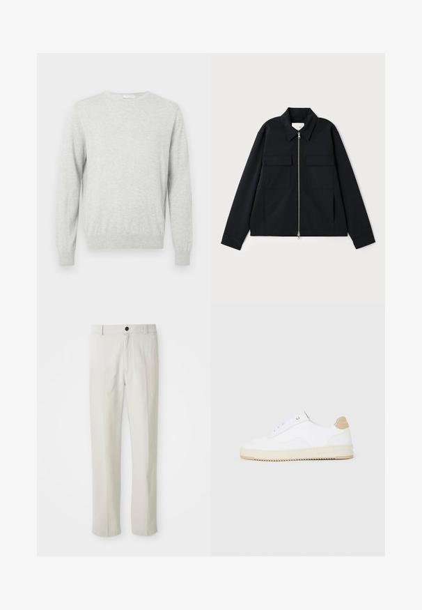 Veste noire avec col, fermeture éclair à l'avant et deux poches poitrine. Fabriquée en tissu lisse avec une coupe structurée.; Pull-over à col rond à manches longues gris clair avec des poignets et un ourlet côtelés, présenté sur un fond uni.; Pantalons beiges à jambe droite avec passants de ceinture, bouton avant et fermeture éclair, présentés à plat sur un fond blanc.; Baskets basses blanches avec un dessus en cuir texturé, semelle crémée à stries, et accent de talon tan. Présente des lacets blancs et un logo sur le talon.