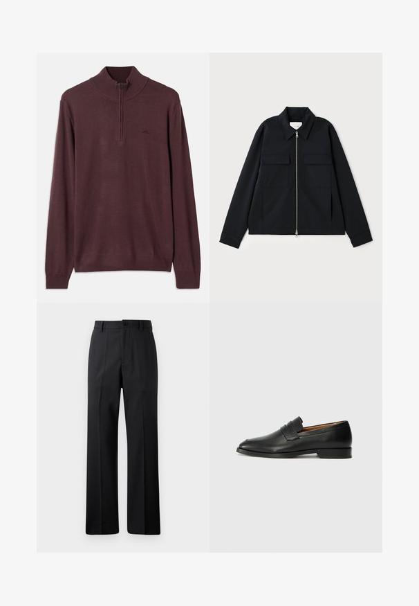 Melna jaka ar apkakles izgriezumu, priekšpuses rāvējslēdzēja aizdari un divām krūšu kabatām. Izgatavota no gludas auduma ar strukturētu piegriezumu.; Brūns adīts džemperis ar garām piedurknēm, ar pusi rāvējslēdzēju apvalku un ribotām aprocēm un apakšmalu, novietots uz balta fona.; Melnas taisnas kājas bikses ar jostu cilpiņām, priekšējo pogu un rāvējslēdzēja aizdari, izliktas pret vienkāršu baltu fonu.; Melnas ādas loafers ar noapaļotu purngala formu, smalku izšuvumu un zemu papēdi, piedāvājot gludu tekstūru un minimālistisku dizainu.