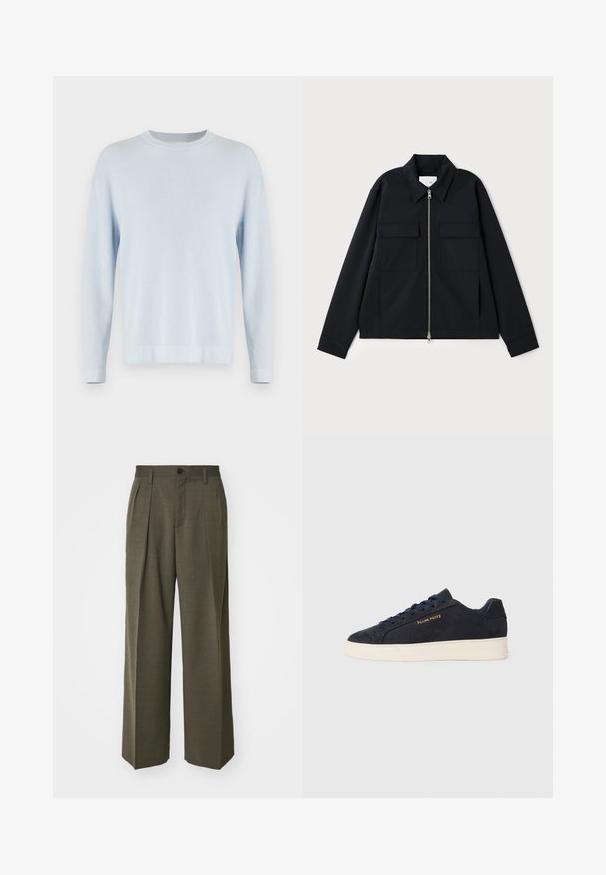Schwarze Jacke mit einem kragenförmigen Ausschnitt, einem Front-Reißverschluss und zwei Brusttaschen. Hergestellt aus einem glatten Stoff mit einer strukturierten Passform.; Hellblauer, gerippt gestrickter Pullover mit rundem Halsausschnitt, langen Ärmeln und geradem Saum. Texturierter Stoff mit einer weichen Optik.; Filippa K WIDE TROUSERS - Stoffhose - driftwood; Marineblaue Wildleder Low-Top Sneaker mit weißer Sohle, marineblauen Schnürsenkeln und goldenem "Filling Pieces" Logo an der Seite.