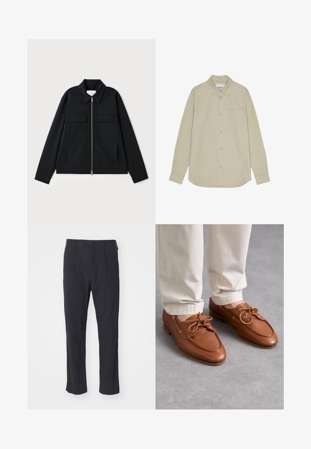 Schwarze Jacke mit einem kragenförmigen Ausschnitt, einem Front-Reißverschluss und zwei Brusttaschen. Hergestellt aus einem glatten Stoff mit einer strukturierten Passform.; Beige Langarmhemd mit Knopfleiste und spitzem Kragen, einer einzelnen Brusttasche und einer dezenten Textur. Verfügt über kontrastierende Knöpfe und eine sorgfältige Naht.; Schwarze plissee Hosen aus strukturiertem Stoff, mit geradem Bein und normalem Bund. Keine sichtbaren Taschen oder Beschläge.; Bally PATHY - Schnürer - deserto