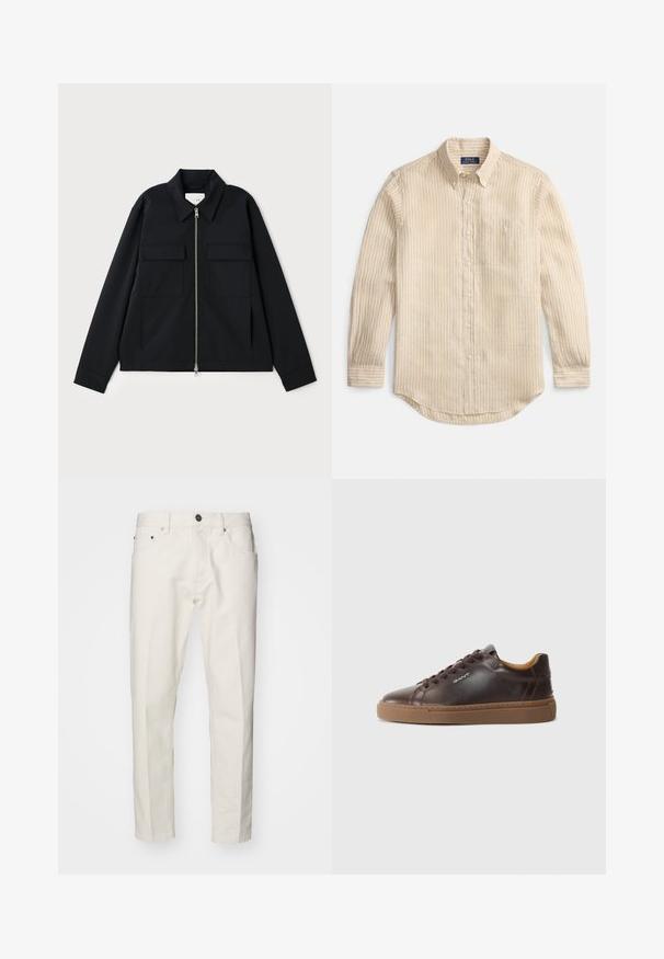 Zwarte jas met een kraag, een rits aan de voorkant en twee borstzakken. Gemaakt van een gladde stof met een gestructureerde pasvorm.; Beige overhemd met lange mouwen en witte verticale strepen, knoopsluiting, knoopkraag, borstzak en "Polo Ralph Lauren" label aan de binnenkant van de kraag.; Witte katoenen spijkerbroek met een rechte pijpdesign, voorzien van vijf zakken, een knoopsluiting en minimale stikseldetails.; GANT MC JULIEN - Sneakers laag - dark brown