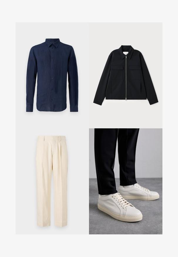 Juodas švarkas su apykakle, priekyje užtrauktuku ir dviem krūtinės kišenėmis. Pagamintas iš lygaus audinio su struktūruota forma.; Tamsiai mėlyna ilgo rankovio marškiniai, pagaminti iš lino. Turi klasikinį apykaklę, priekinius mygtukus ir tekstūruotą audinį su laisvu siluetu.; NN.07 KAY - Kelnės - off white; Šviesūs smėlio spalvos odiniai sportbačiai su plokščiomis raišteliais, tekstūruotu paviršiumi ir kontrastinga kreminės spalvos gumine padu, derinami su juodomis siaurėjančiomis kelnėmis.