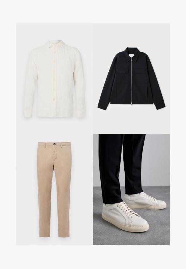 Svart jacka med krage, framfickor med dragkedja och två bröstfickor. Tillverkad av ett slitstarkt tyg med en väl avpassad passform.; 120% Lino LONG SLEEVE MEN SLIM FIT - Skjorta - milk; Beiga bomullbyxor med rak design, utrustade med dragkedja, knappstängning och sidofickor. Slät textur och skräddarsydd passform.; Ljust beige läder sneakers med platta snören, en strukturerad yta och en kontrasterande gummisula i krämfärg, parat med svarta avsmalnande byxor.
